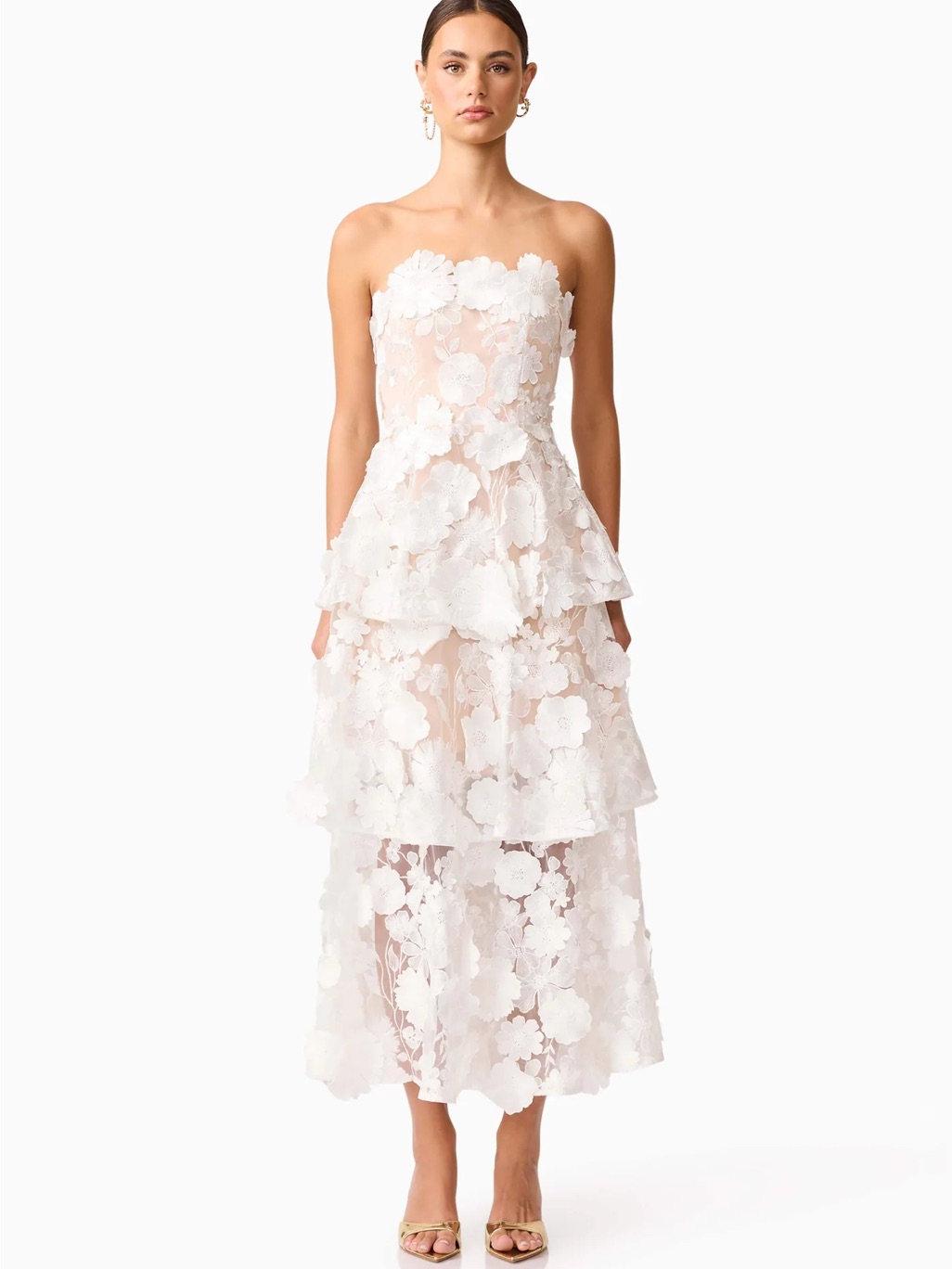 Elliatt White Strapless 3d Floral Tiered Maxi Dress